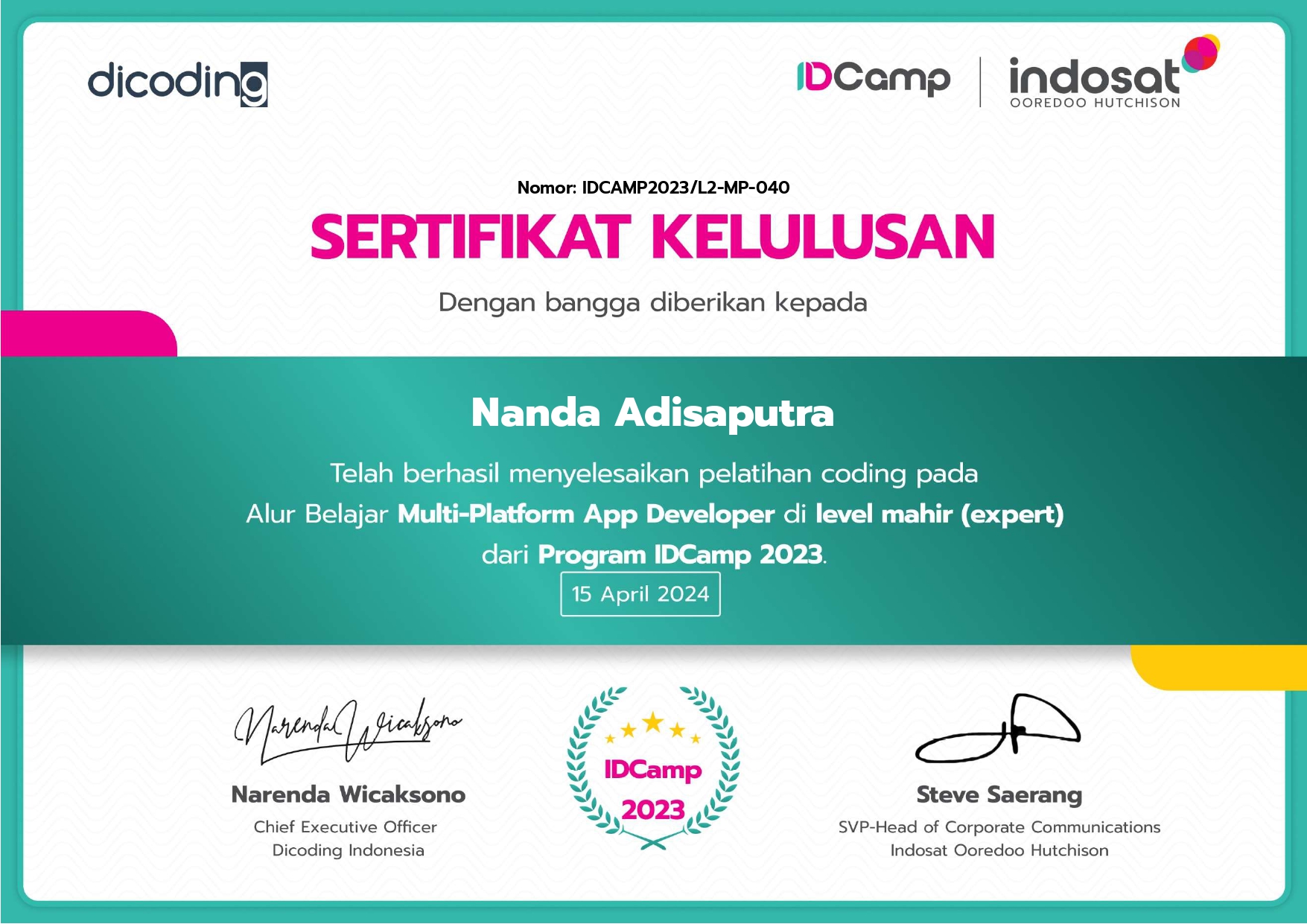 Sertifikat IDCamp Expert Nanda Adisaputra