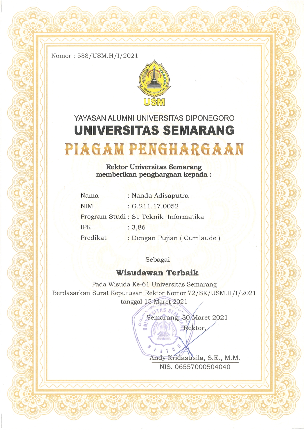 Piagam Wisudawan Terbaik USM