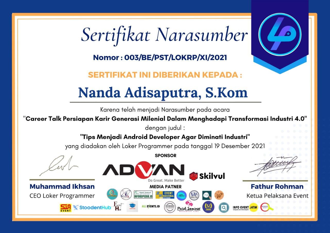 Sertifikat Narasumber Nanda Adisaputra